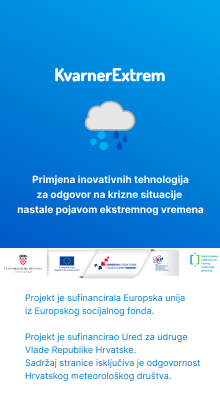 Banner projekta KvarnerExtrem sa logotipom koji čini oblak sa kišnim kapima na desnoj strani i tučom na lijevoj. Dno bannera sadrži logotipove Ureda za udruge Republike Hrvatske, lentu Europske unije i logotip Nacionalne zaklade za razvoj civilnog društva